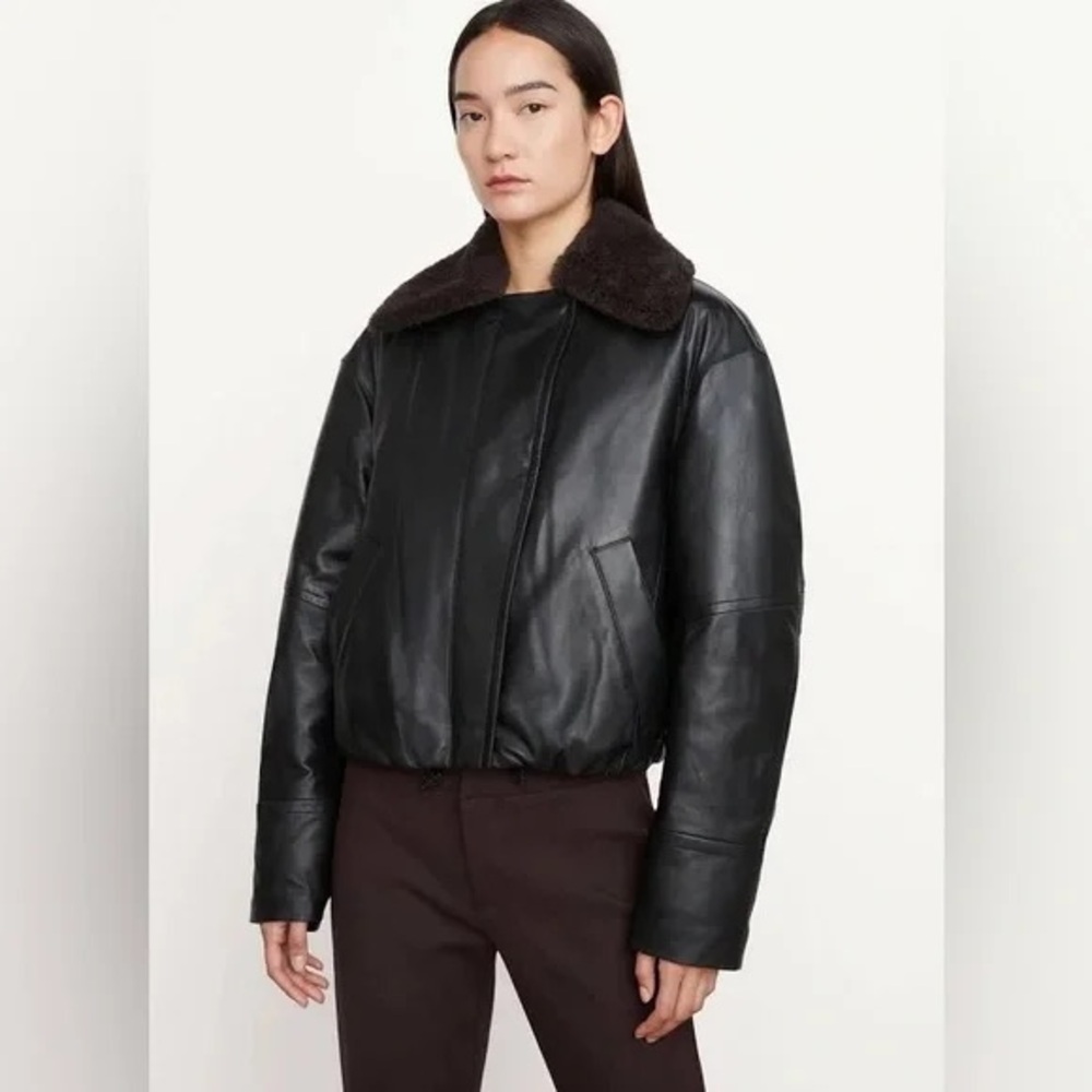 Vince Black Lambskin Leather Jacket with Removable Brown Shearling Collar
